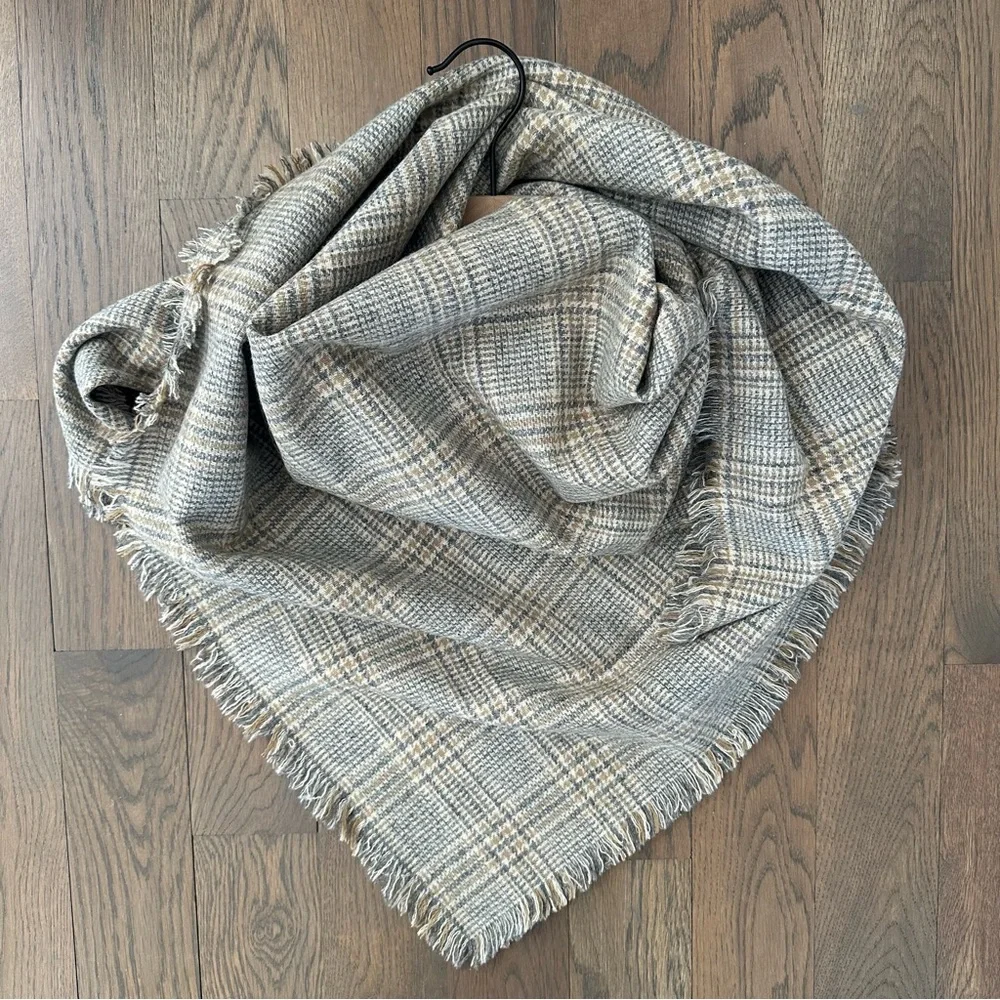 Eskandar Wool Oversized Plaid Fringed Scarf in Cream, Grey, Tan 47